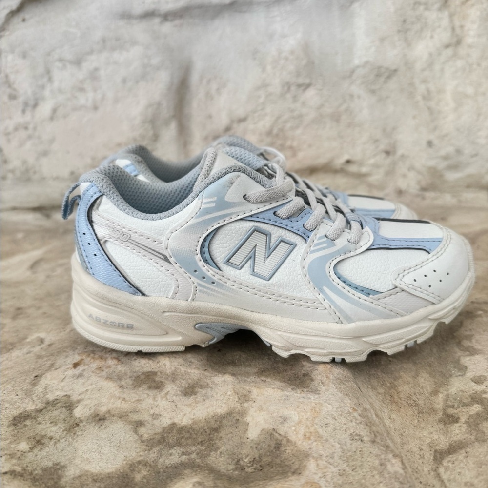 New Balance Kids White and Light Blue Sneakers